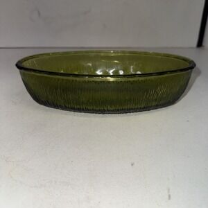 Vintage FTD 1975 Avocado Green 9.5" Oval Glass Bowl Vertical Striped Pattern